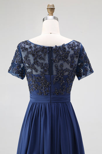 Navy Chiffon A Line Long Mother of the Bride Dress with Lace