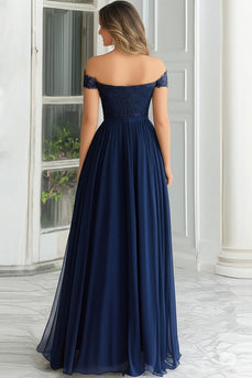 Floral Off the Shoulder Navy Mother of the Bride Dress