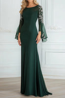 Load image into Gallery viewer, Queendancer Women Dark Green Scoop Neck Long Sleeves Mother of the Bride Dress with Lace Chiffon A Line Floor Length Wedding Guest Dress