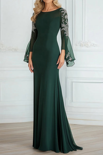 Queendancer Women Dark Green Scoop Neck Long Sleeves Mother of the Bride Dress with Lace Chiffon A Line Floor Length Wedding Guest Dress