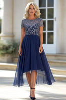 Load image into Gallery viewer, Navy Scoop Neck Tulle Mother of the Bride Dress with Short Sleeves