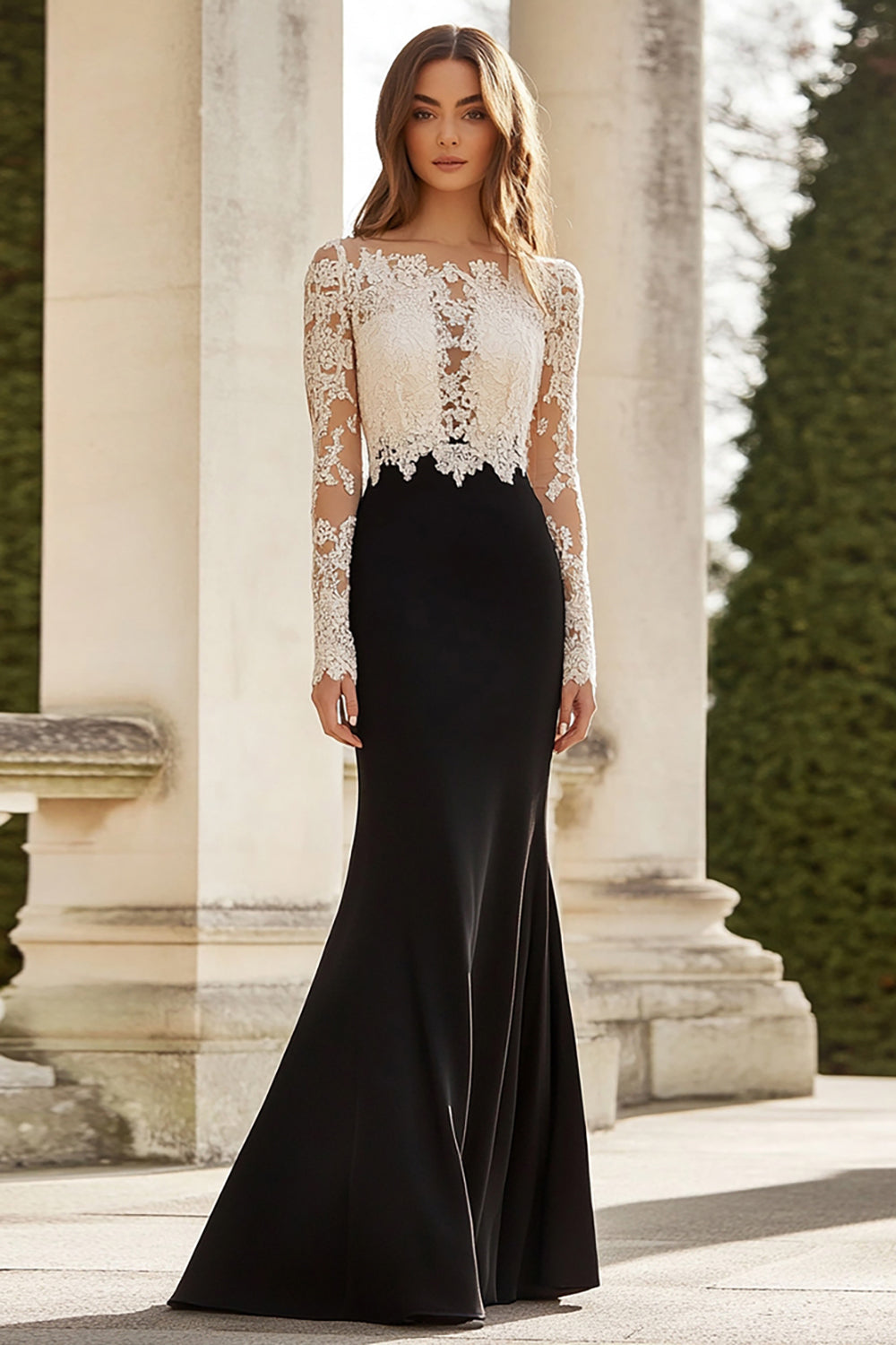 Queendancer Women Black White Lace Floor-Length Mother of the Bride