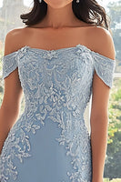 Load image into Gallery viewer, Sky Blue Mermaid Off The Shoulder Long Mother of the Bride Dress with Lace
