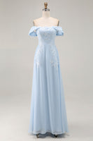 Load image into Gallery viewer, Sky Blue Chiffon Off The Shoulder Long Mother of the Bride Dress with Lace