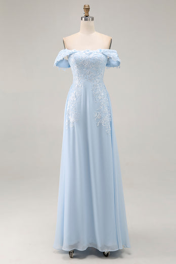 Sky Blue Chiffon Off The Shoulder Long Mother of the Bride Dress with Lace