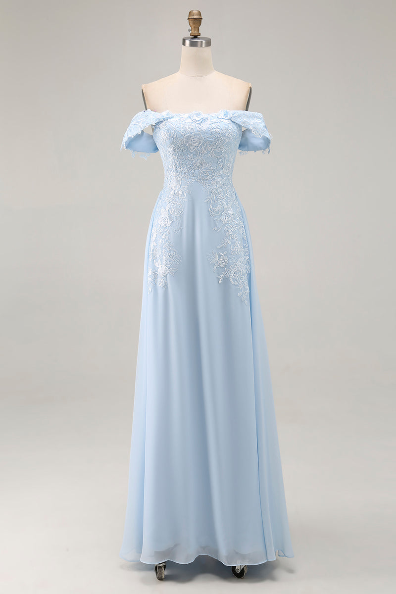 Load image into Gallery viewer, Sky Blue Chiffon Off The Shoulder Long Mother of the Bride Dress with Lace