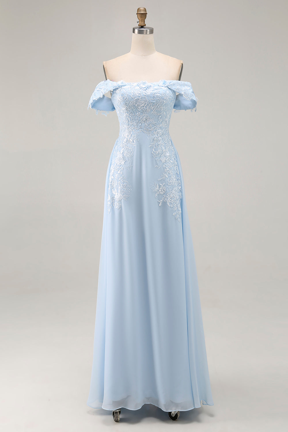 Sky Blue Chiffon Off The Shoulder Long Mother of the Bride Dress with Lace