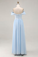Load image into Gallery viewer, Sky Blue Chiffon Off The Shoulder Long Mother of the Bride Dress with Lace