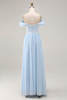 Sky Blue Chiffon Off The Shoulder Long Mother of the Bride Dress with Lace