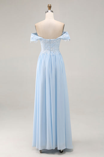 Sky Blue Chiffon Off The Shoulder Long Mother of the Bride Dress with Lace