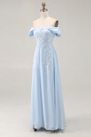 Load image into Gallery viewer, Sky Blue Chiffon Off The Shoulder Long Mother of the Bride Dress with Lace