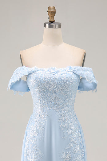 Sky Blue Chiffon Off The Shoulder Long Mother of the Bride Dress with Lace