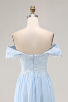 Load image into Gallery viewer, Sky Blue Chiffon Off The Shoulder Long Mother of the Bride Dress with Lace