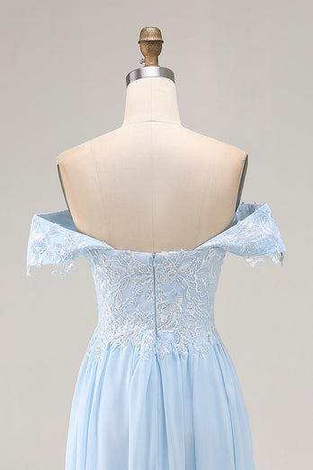 Sky Blue Chiffon Off The Shoulder Long Mother of the Bride Dress with Lace