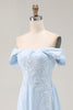 Load image into Gallery viewer, Sky Blue Chiffon Off The Shoulder Long Mother of the Bride Dress with Lace
