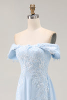 Load image into Gallery viewer, Sky Blue Chiffon Off The Shoulder Long Mother of the Bride Dress with Lace