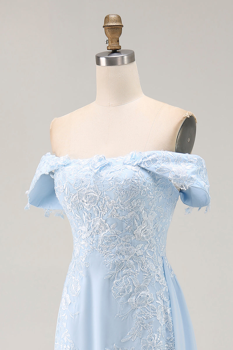 Load image into Gallery viewer, Sky Blue Chiffon Off The Shoulder Long Mother of the Bride Dress with Lace