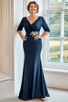 Load image into Gallery viewer, Navy Sheath V-Neck 3/4 Sleeves Mother of the Bride Dress with Beadings