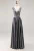 Load image into Gallery viewer, Charcoal Lace A Line Chiffon V-Neck Long Mother of the Bride Dress with Slit