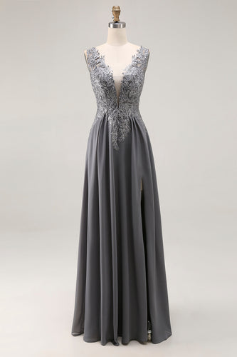 Charcoal Lace A Line Chiffon V-Neck Long Mother of the Bride Dress with Slit
