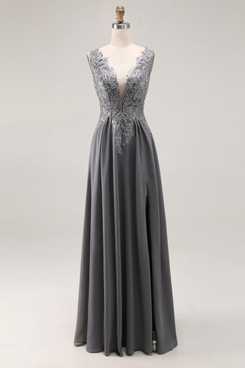 Charcoal Lace A Line Chiffon V-Neck Long Mother of the Bride Dress with Slit
