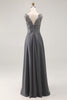 Load image into Gallery viewer, Charcoal Lace A Line Chiffon V-Neck Long Mother of the Bride Dress with Slit