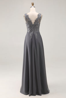 Charcoal Lace A Line Chiffon V-Neck Long Mother of the Bride Dress with Slit