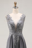 Load image into Gallery viewer, Charcoal Lace A Line Chiffon V-Neck Long Mother of the Bride Dress with Slit