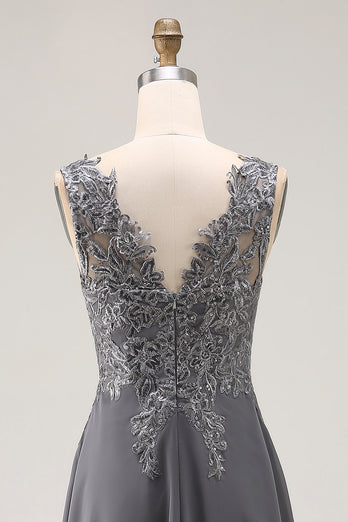 Charcoal Lace A Line Chiffon V-Neck Long Mother of the Bride Dress with Slit