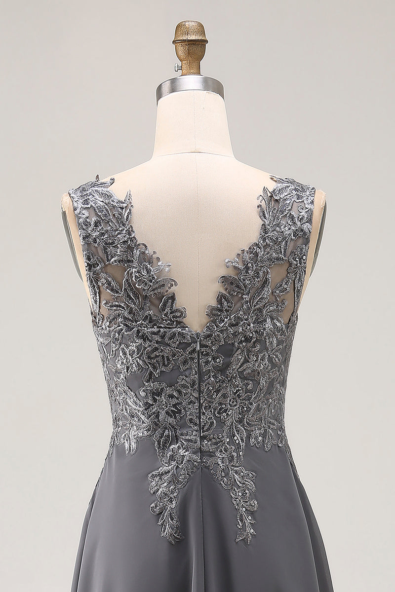 Load image into Gallery viewer, Charcoal Lace A Line Chiffon V-Neck Long Mother of the Bride Dress with Slit