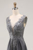 Load image into Gallery viewer, Charcoal Lace A Line Chiffon V-Neck Long Mother of the Bride Dress with Slit