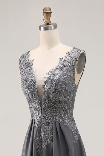 Charcoal Lace A Line Chiffon V-Neck Long Mother of the Bride Dress with Slit