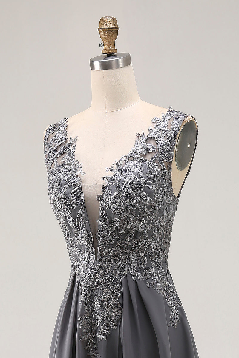 Load image into Gallery viewer, Charcoal Lace A Line Chiffon V-Neck Long Mother of the Bride Dress with Slit