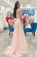 Load image into Gallery viewer, Sparkly Blush Tulle A Line Floor Length Prom Dress with Slit