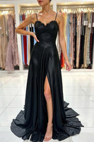 Load image into Gallery viewer, Black Spaghetti Straps Satin Prom Dress with Slit