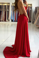 Load image into Gallery viewer, Red V-Neck A Line Long Prom Dress with Slit