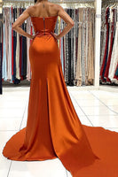 Load image into Gallery viewer, Orange Strapless Ruched Satin Long Prom Dress with Slit
