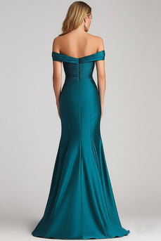 Peacock Blue Satin Ruched Off the Shoulder Long Formal Dress