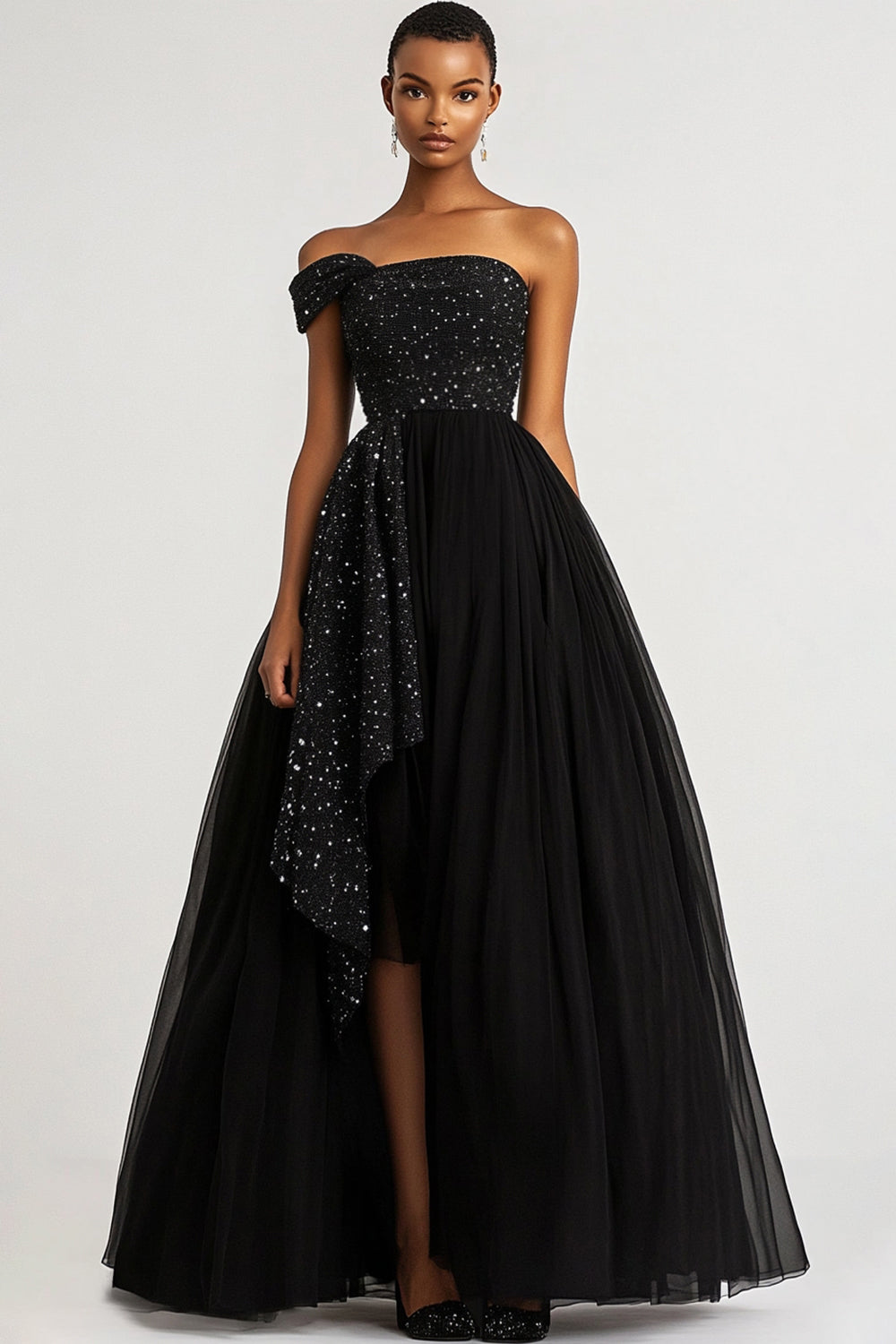 Sparkly Black A Line Tulle Ball Gown One Shoulder Long Formal Dress with Slit