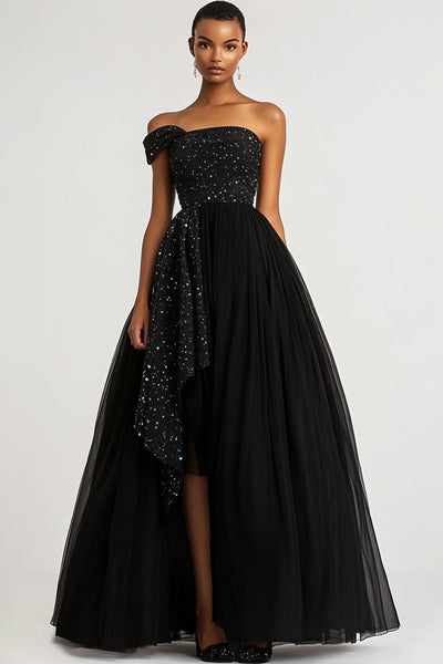 Queendancer Women Sparkly Black Tulle Long Formal Dress with Slit A Line Sequin Ball Gown One Shoulder Prom Dress