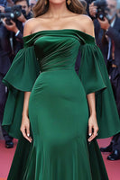 Load image into Gallery viewer, Green Satin Off the Shoulder Mermaid Ruched Long Formal Dress