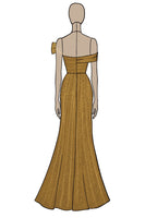 Load image into Gallery viewer, Golden Metallic Sheath Off The Shoulder Long Formal Dress with Slit