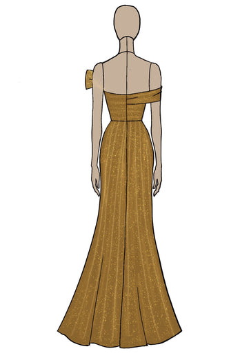 Metallic Golden Off The Shoulder Prom Dress with Slit