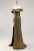 Load image into Gallery viewer, Golden Metallic Sheath Off The Shoulder Long Formal Dress with Slit