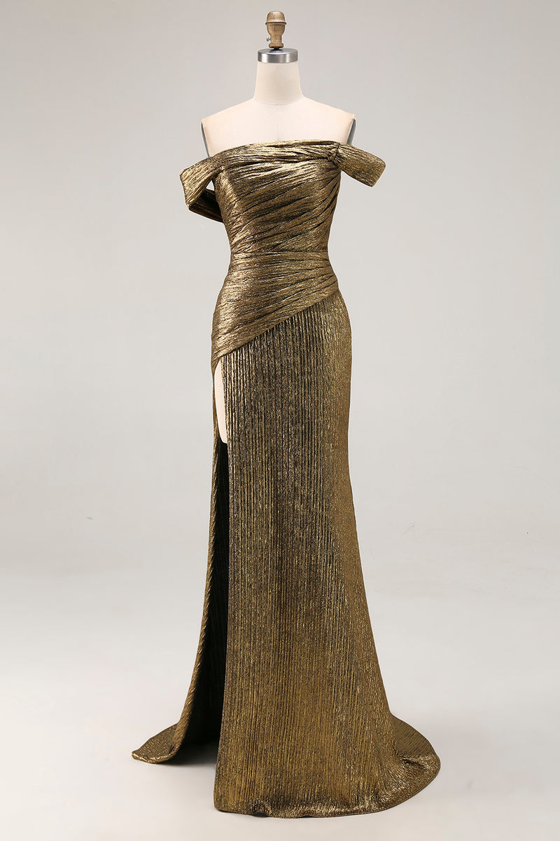 Load image into Gallery viewer, Golden Metallic Sheath Off The Shoulder Long Formal Dress with Slit