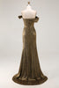 Load image into Gallery viewer, Golden Metallic Sheath Off The Shoulder Long Formal Dress with Slit