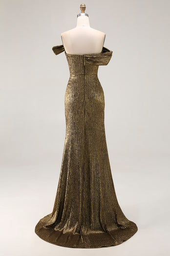 Golden Metallic Sheath Off The Shoulder Long Formal Dress with Slit