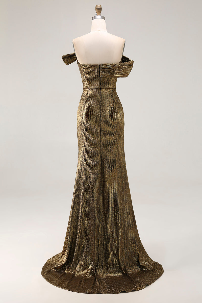 Load image into Gallery viewer, Golden Metallic Sheath Off The Shoulder Long Formal Dress with Slit