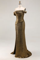 Load image into Gallery viewer, Metallic Golden Sheath Off The Shoulder Long Formal Dress with Slit