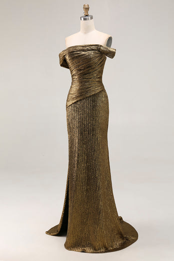 Metallic Golden Sheath Off The Shoulder Long Formal Dress with Slit